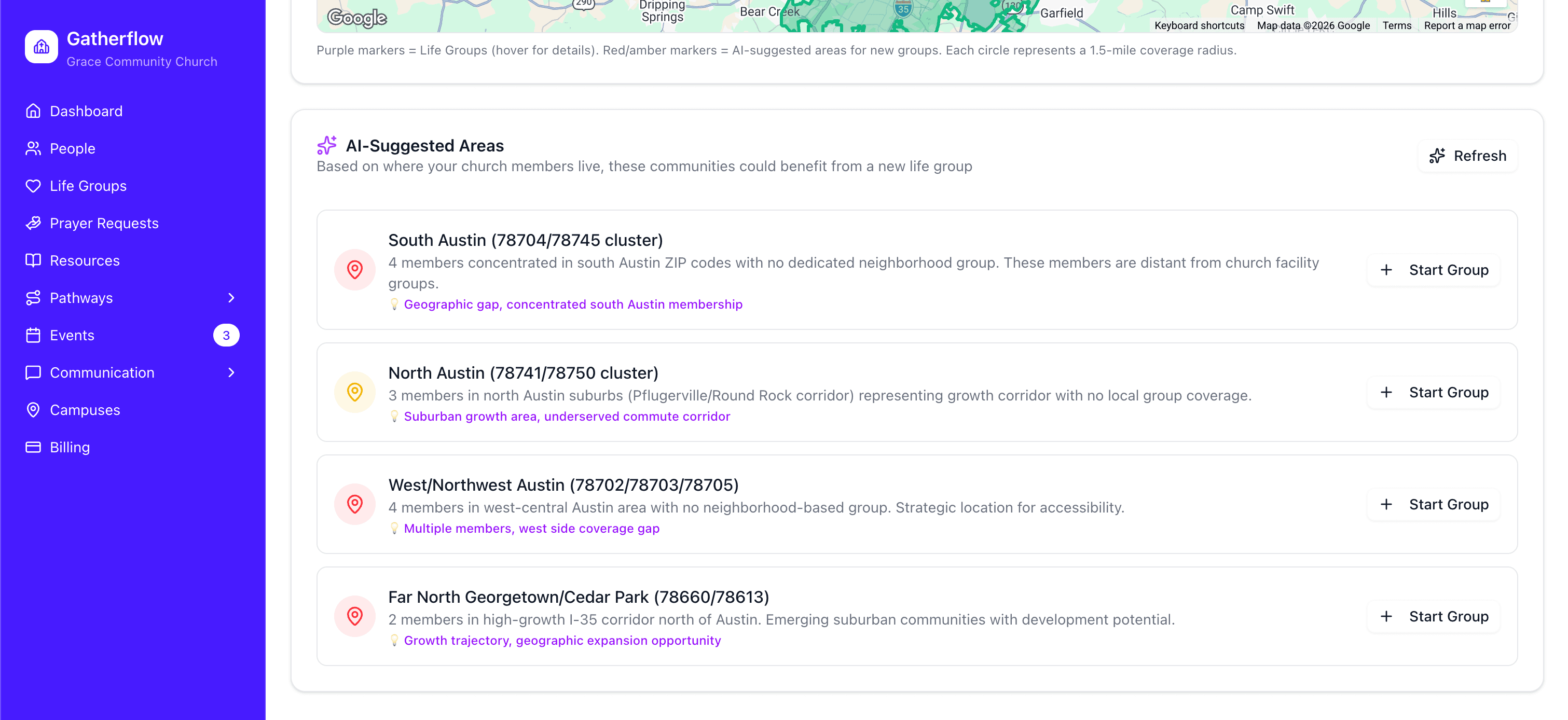 AI-Suggested Life Group coverage areas showing member density and geographic gaps